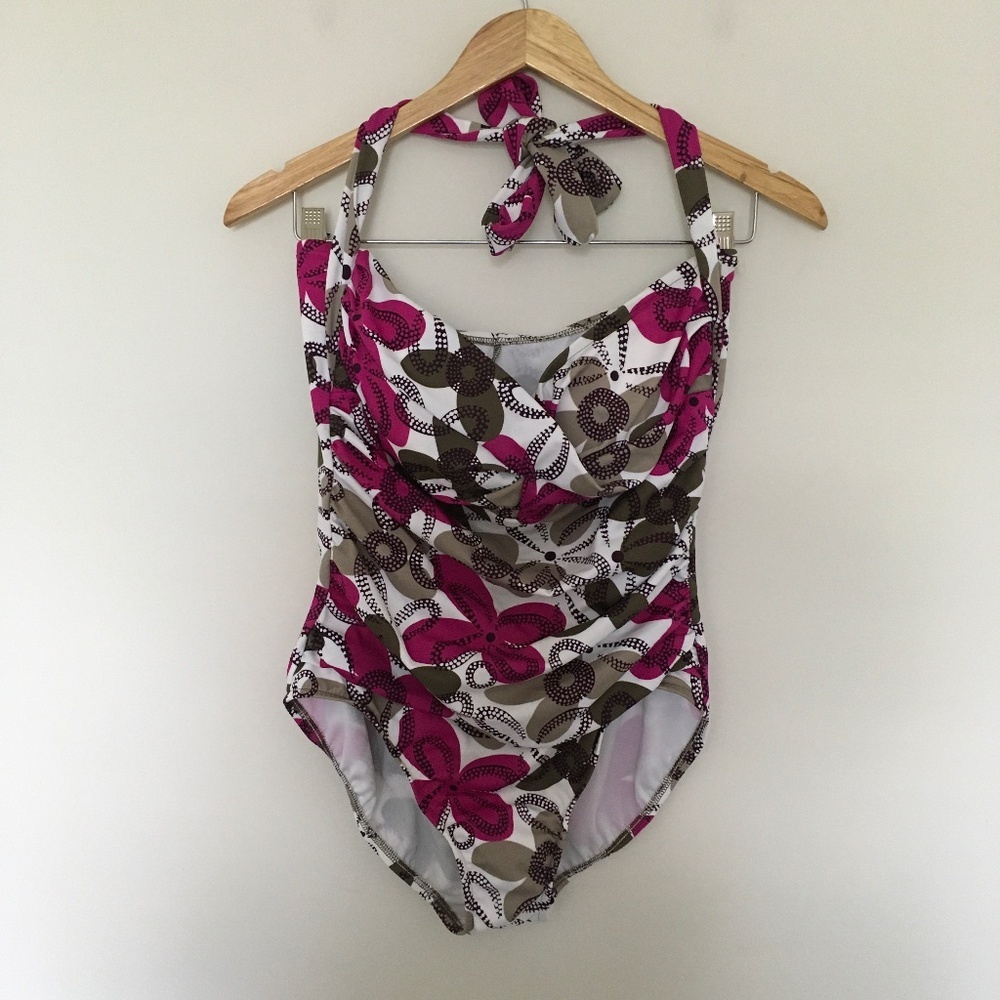 Penbrooke Fuschia Pinwheels Bandeau-Halter One Piece Swimsuit 14 Tummy Control